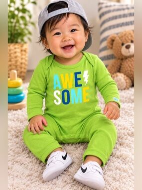 Old Navy 'AWESOME' Graphic Baby One-Piece Lime Green Long Sleeve Romper 6–12 mth